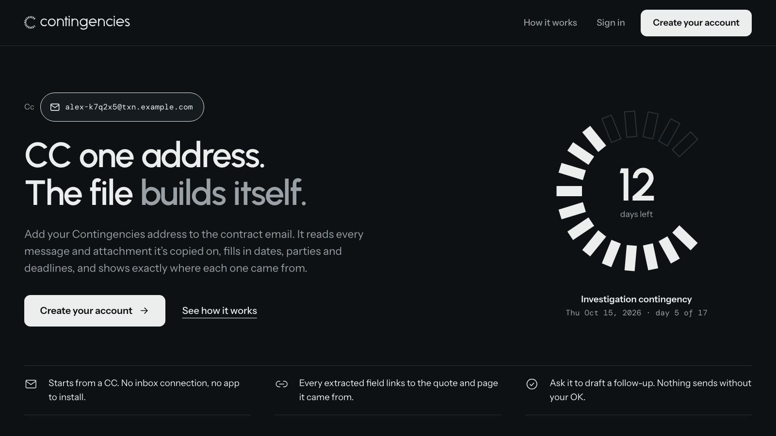 Contingencies landing page: CC one address. The file builds itself.