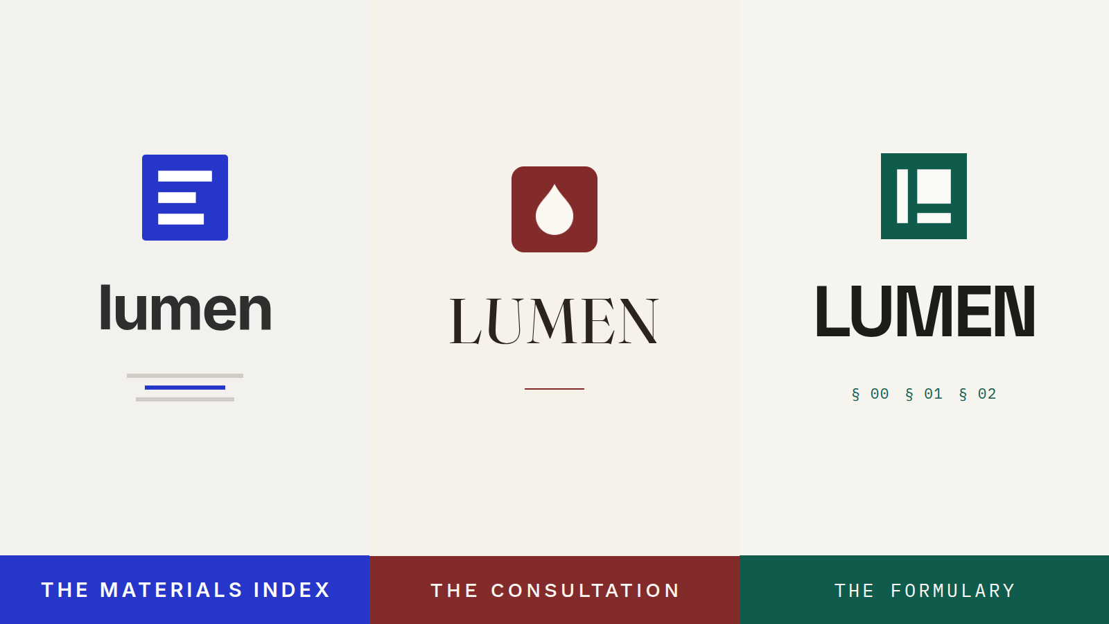 LUMEN — three Shopify storefronts: The Materials Index, The Consultation and The Formulary