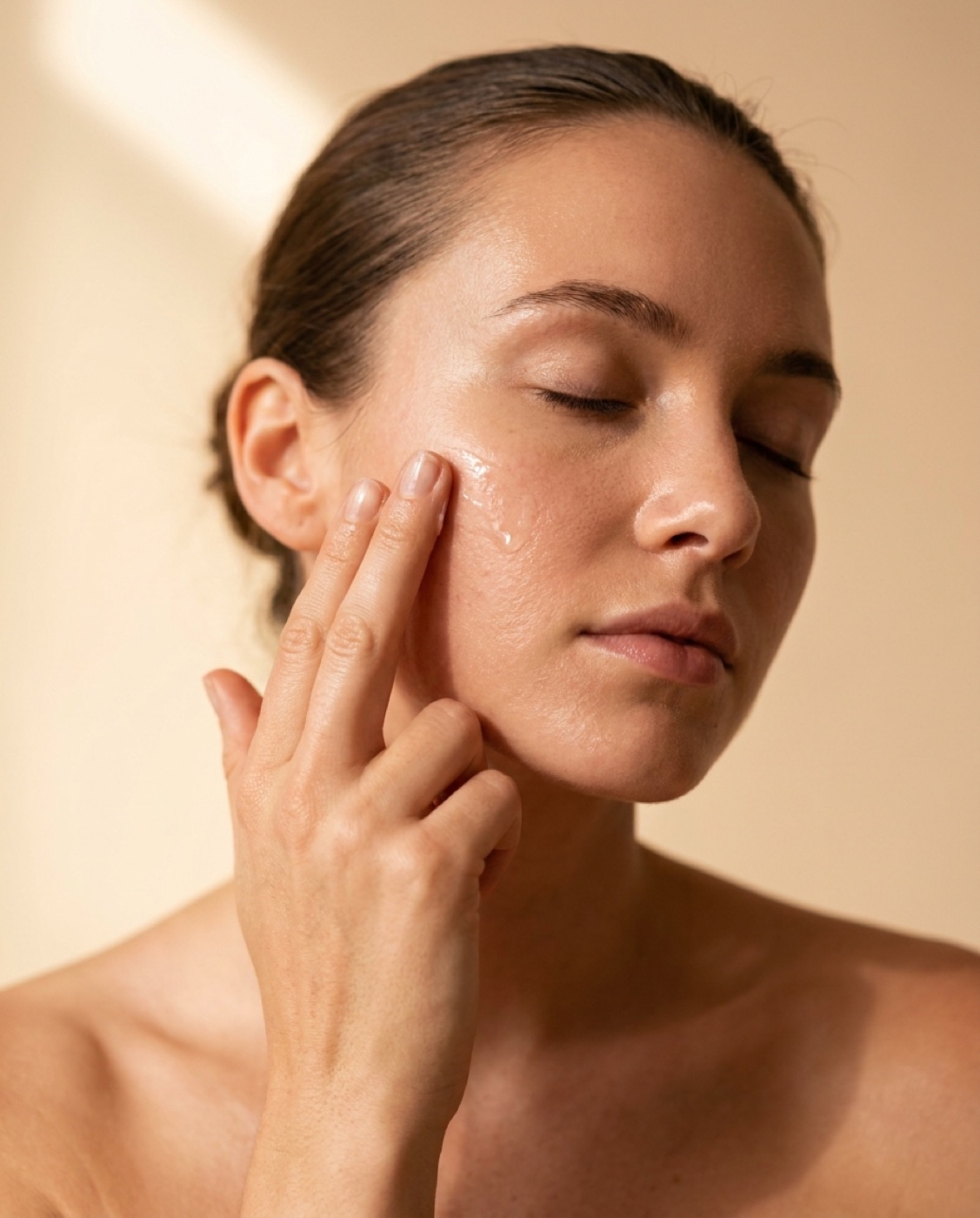 A woman pressing the clear serum into her cheekbone with two fingertips.