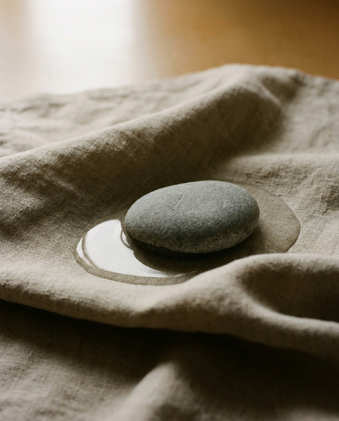 A smooth grey river stone resting on oatmeal linen in a shallow pool of water.