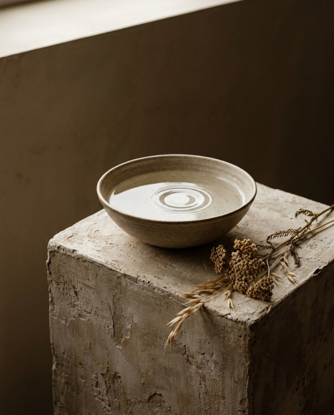 A shallow ceramic bowl of still water on weathered plaster, a dried botanical sprig beside it.