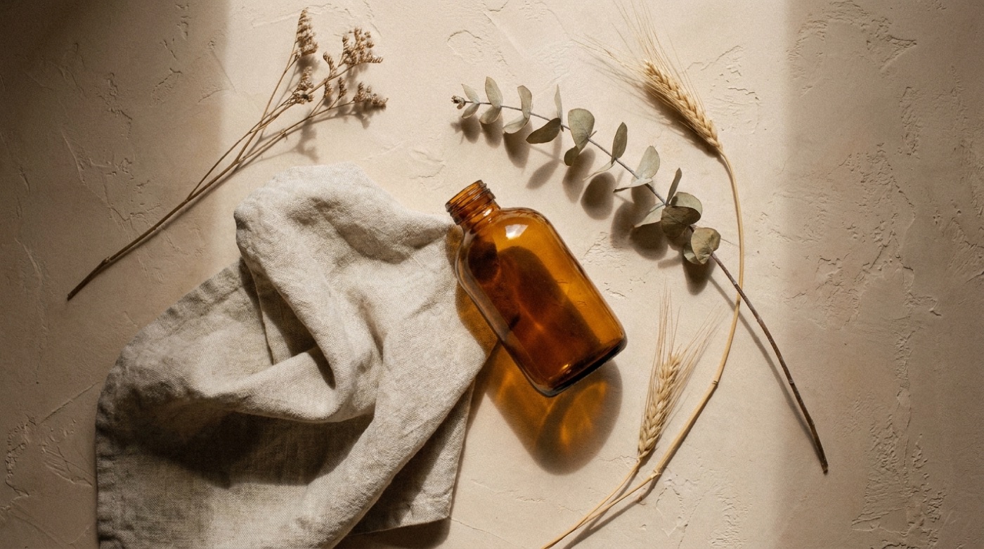 An overhead flat lay of folded linen, an unlabelled amber bottle, and dried botanical stems.