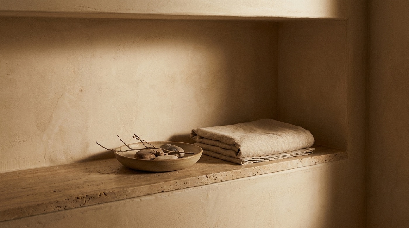 A bathroom shelf in warm plaster and travertine, raked by morning light.